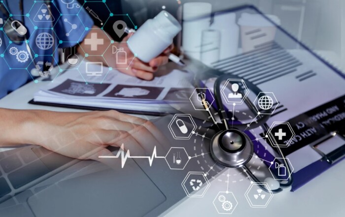 Doctor using digital tools and healthcare data icons to develop a social media strategy for a medical brand, showcasing the intersection of technology and healthcare communication.
